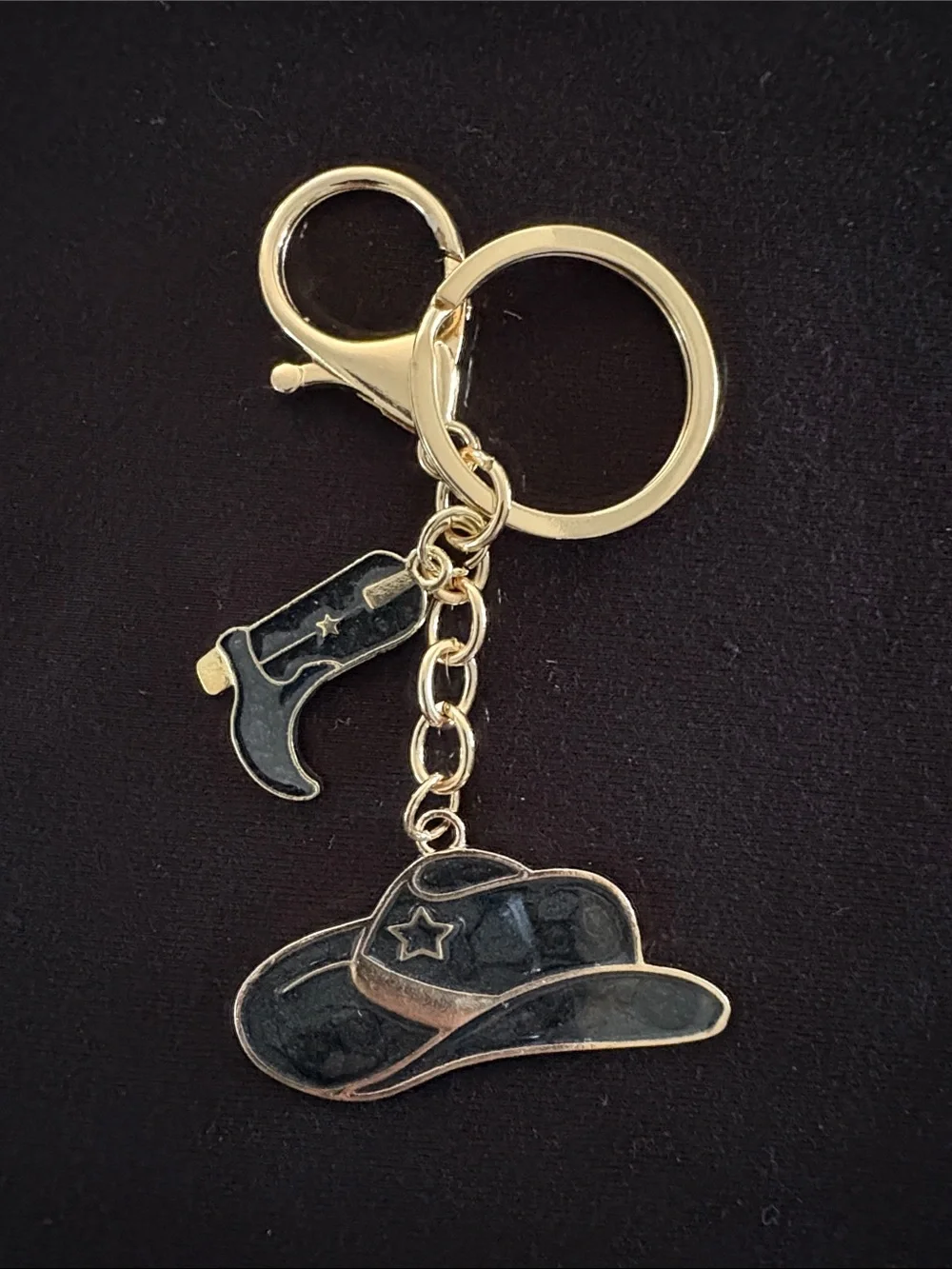 Gold Cowboy Hat and Boot Bag Charm Keychain with Black Enamel Accent